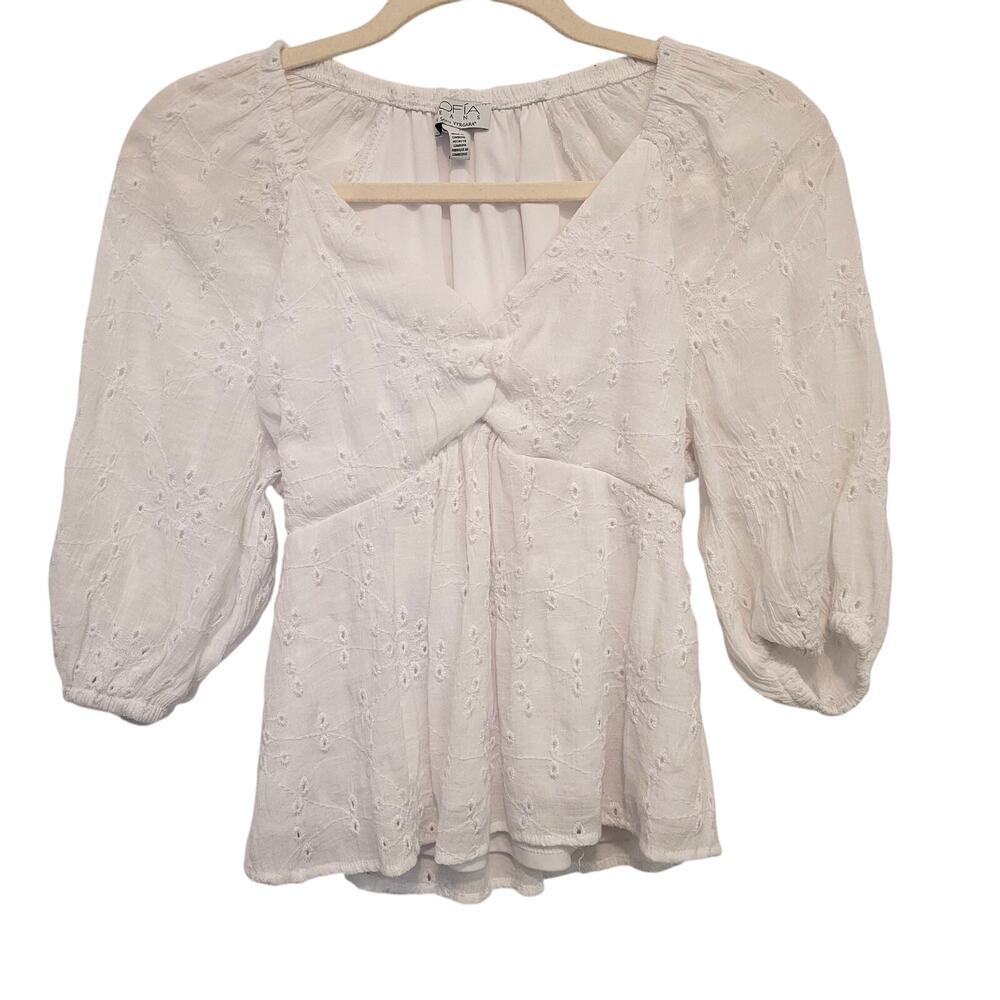 Sofia Jeans by Sofia Vergara Eyelet Peplum Babydoll Blouse XS White Boho Top